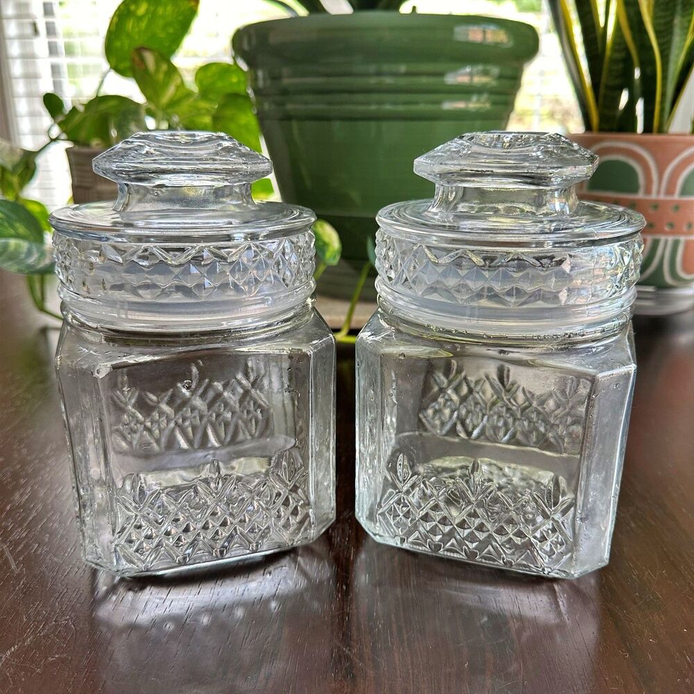 Vintage Koeze's Glass Apothecary Glass Canisters Quilted Diamond Pattern 80's